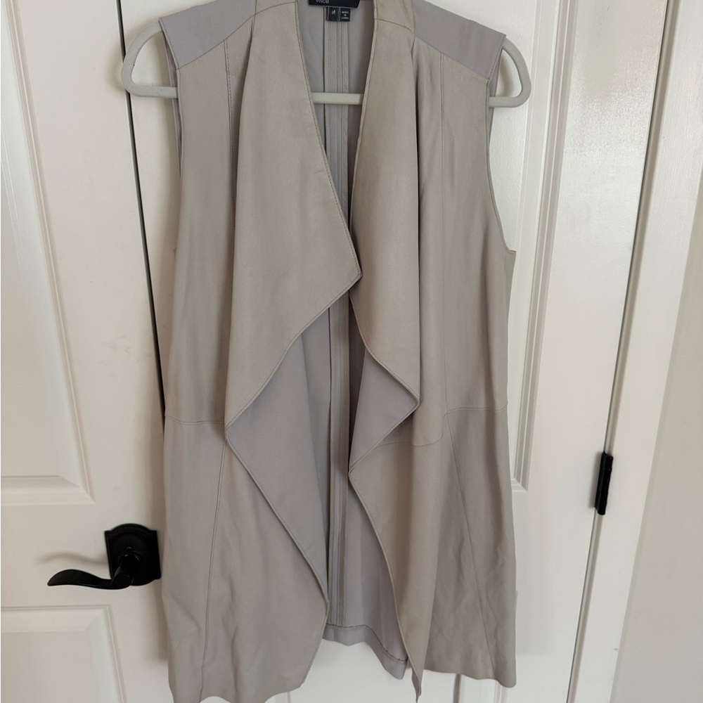VINCE Gray Goat Leather Belted Waterfall Draped Sleveless Long Vest Size M